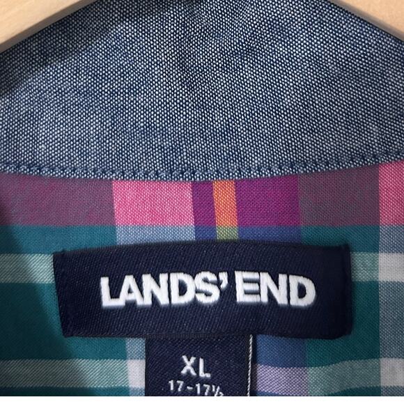 Lands’ End Madras Plaid Short Sleeve Button Shirt XL 17-17.5 100 Cotton Classic - Picture 2 of 9